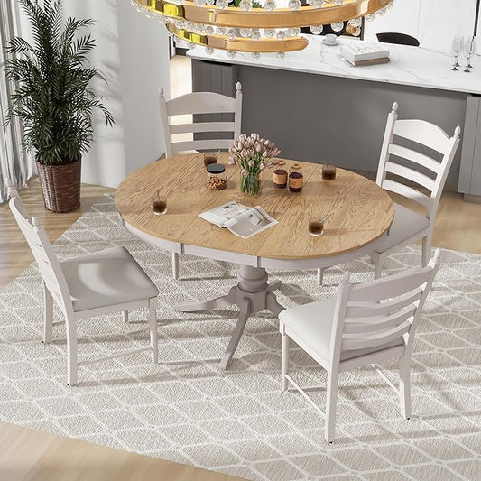 5-Piece Round Extendable Dining Set, Included Solid Wood 42"-58'' Adjustable Tables and 4 Upholstered Chairs, Retro Functional Dinette Furniture for Kitchen Living Room, Off White - LeafyLoom