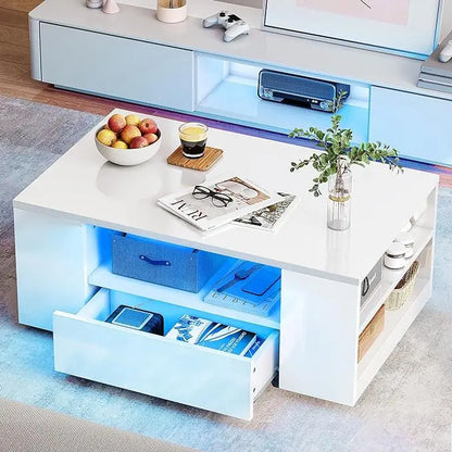 YITAHOME Modern Coffee Tables for Living Room, High Gloss LED Coffee Table, Storage Coffee Table, Small Coffee Table, Wood Center Table with 2 Sliding Drawers and Open Side Shelf,White - LeafyLoom