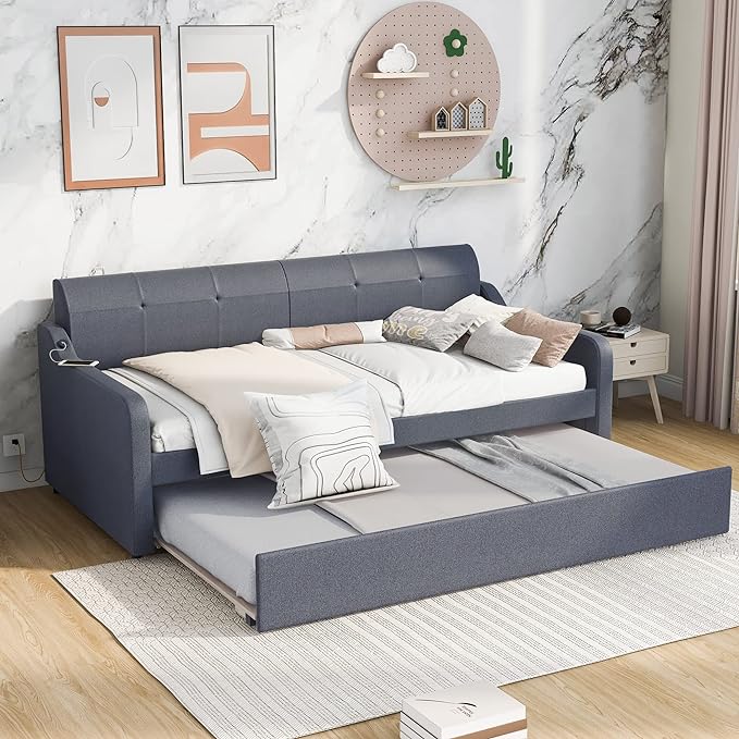 Upholstered Daybed with Pop Up Trundle, Twin Size Daybed with Trundle and USB Charging Ports, for Living Room Bedroom Guest Room, Gray - LeafyLoom