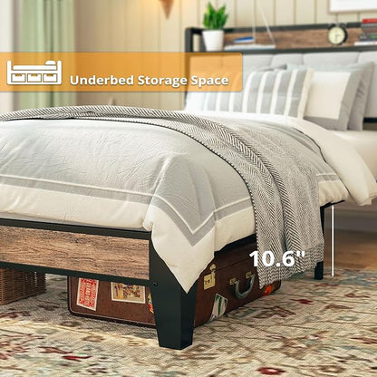 LIKIMIO Twin Bed Frames, Storage Headboard with Charging Station, Solid and Stable, Noise Free, No Box Spring Needed, Easy Assembly (Walnut and Beige) - LeafyLoom