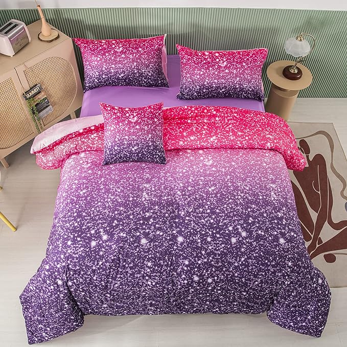 PERFEMET Purple Glitter Comforter Set Twin Size 6 Pieces Bed in A Bag for Teen Girls 3D Colorful Rainbow Bedding Comforter Sheet Set Ultra Soft Galaxy Quilted Duvet - LeafyLoom