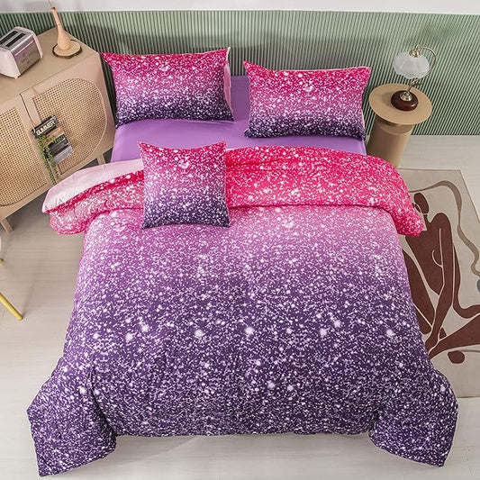 PERFEMET Purple Glitter Comforter Set Twin Size 6 Pieces Bed in A Bag for Teen Girls 3D Colorful Rainbow Bedding Comforter Sheet Set Ultra Soft Galaxy Quilted Duvet - LeafyLoom