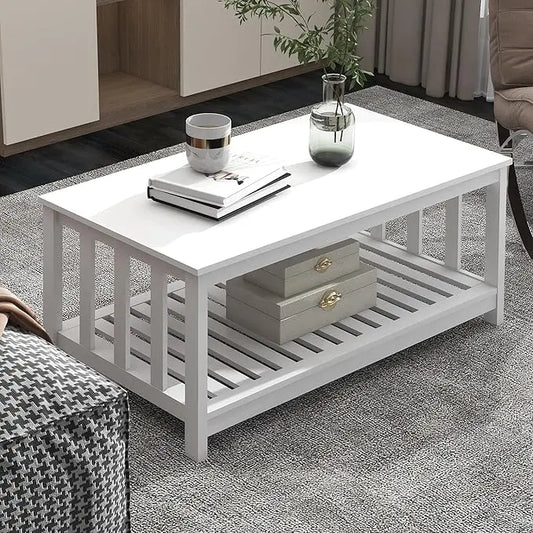 TaoHFE White Modern Coffee Table with Storage Shelf 2-Tier Living Room Table Rectangular Center Table 40 Inch Wooden Coffee Tables for Living Room Furniture for Living Room, Meeting Room, Office - LeafyLoom