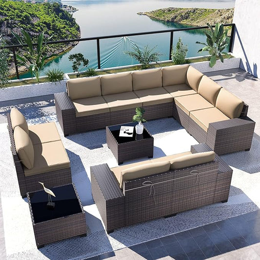 Kullavik 12PCS Outdoor Patio Furniture Set PE Wicker Rattan Sectional Sofa Patio Conversation Sets,Sand - LeafyLoom