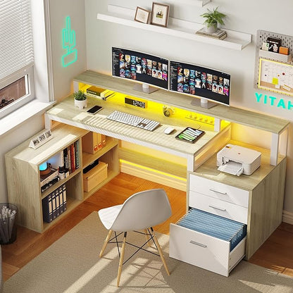 YITAHOME L Shaped Desk with 3 Drawers, 65" Corner Computer Desk with Power Outlets & LED Lights, L-Shaped Desk with File Cabinet & Printer Stand for Home Office, White & Oak - LeafyLoom