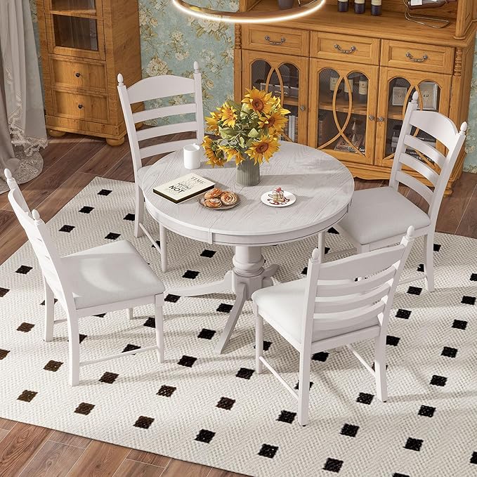 5-Piece Round Extendable Dining Set, Included Solid Wood 42"-58'' Adjustable Tables and 4 Upholstered Chairs, Retro Functional Dinette Furniture for Kitchen Living Room, Antique White - LeafyLoom