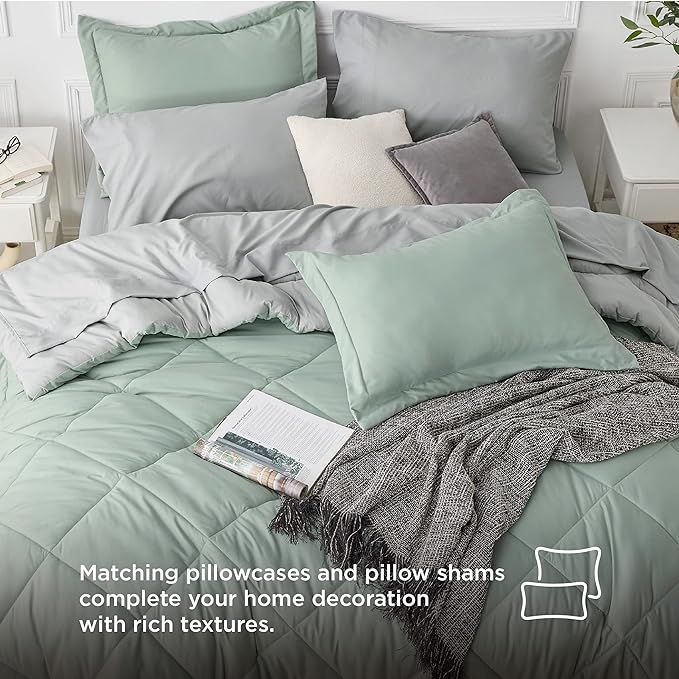 Bedsure Sage Green California King Comforter Set - 7 Pieces Reversible Bed Set Bed in a Bag California King with Comforters, Sheets, Pillowcases & Shams, California King Bedding Sets - LeafyLoom