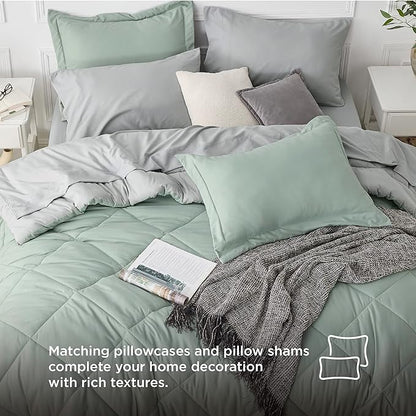 Bedsure Sage Green California King Comforter Set - 7 Pieces Reversible Bed Set Bed in a Bag California King with Comforters, Sheets, Pillowcases & Shams, California King Bedding Sets - LeafyLoom