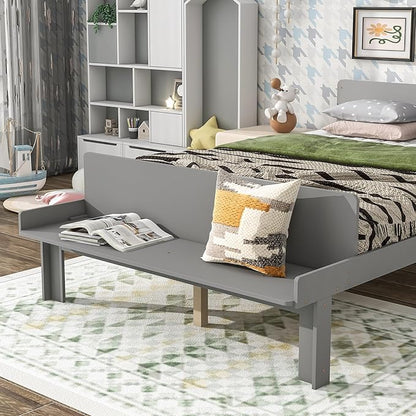 Full Bed with Footboard Bench, Full Kid Bed with Headboard, Wood Slat Support, Cute Kid Bed Frame with Book Storage Space, Full Car Bed for Boys Girls Bedroom, No Box Spring Needed, Grey - LeafyLoom