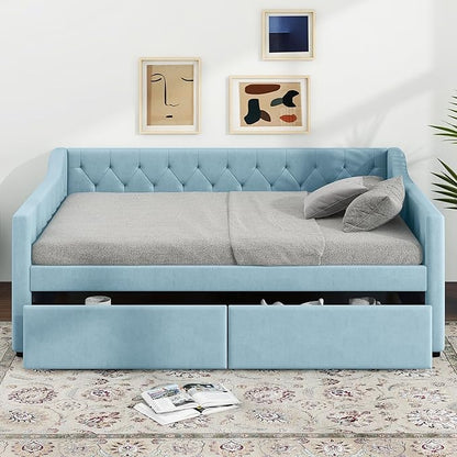 Full Size Velvet Upholstered Tufted Daybed with 2 Drawers,Modern Wood Bed Frame w/Armrests,Slat Support,No Box Spring Needed,Daybeds for Apartment,Bedroom,Guest Room,Blue - LeafyLoom