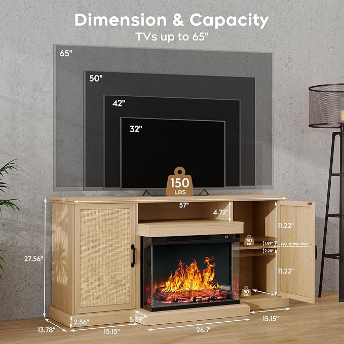 3-Side Glass Fireplace TV Stand for TVs up to 65'', Electric Fireplace TV Stand with Rattan Cabinet, Entertainment Center with Fireplace, Boho, Natural - LeafyLoom