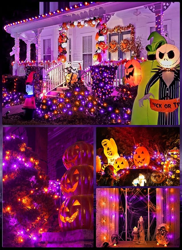 Minetom 2 Pack Solar Halloween Lights Outdoor, Total 80FT 200 LED Halloween String Lights with 8 Mode,Halloween Decoration Outdoor, Waterproof Solar String Lights for Outside Tree Yard,Orange & Purple Minetom