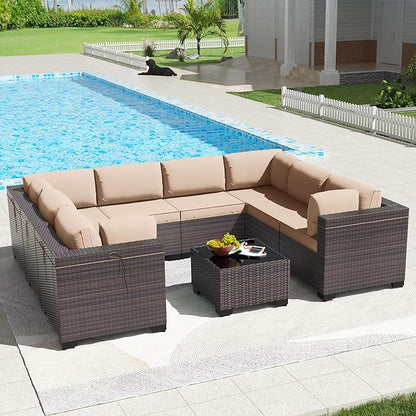 Kullavik 9PCS Outdoor Patio Furniture Set PE Wicker Rattan Sectional Sofa Patio Conversation Sets,Sand - LeafyLoom