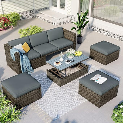 5 Pieces Patio Furniture Sets All Weather Wicker Rattan Sectional Sofa Outdoor Conversation with Adustable Backrest, Cushions, Ottomans and Lift Top Coffee Table for Poolside, Garden, Backyard - LeafyLoom