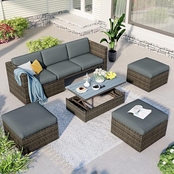 5 Pieces Patio Furniture Sets All Weather Wicker Rattan Sectional Sofa Outdoor Conversation with Adustable Backrest, Cushions, Ottomans and Lift Top Coffee Table for Poolside, Garden, Backyard - LeafyLoom