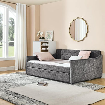 Full Upholstered Tufted Daybed with Twin Size Trundle, Pull Out Button on Back Bed, Waved Shape Arms, No Need Boxing Spring,for Bedroom, Living Room, Grey-3 - LeafyLoom