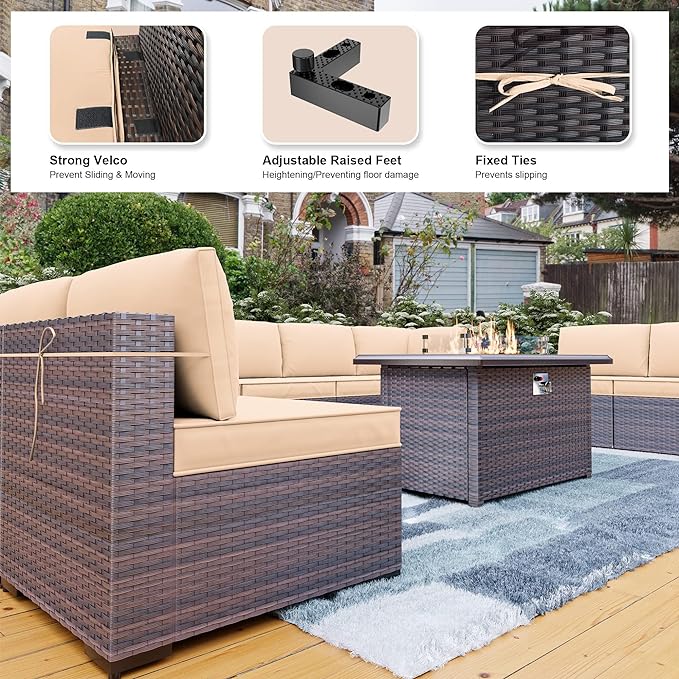 Kullavik 15PCS Outdoor Patio Furniture Set with 43" 55000BTU Gas Propane Fire Pit Table PE Wicker Rattan Sectional Sofa Patio Conversation Sets w/8 Coner Sofas,Sand - LeafyLoom