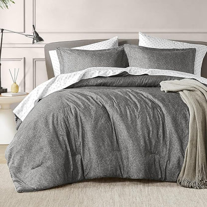 7-Piece King Size Comforter Set with Sheets, Modern Chambray Printed Bed in a Bag Bedding Sets, Grey, includes Fitted Sheet, Flat Sheet, Comforter, 2 Pillowcases & 2 Shams - LeafyLoom