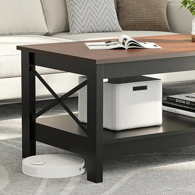 YITAHOME Coffee Table for Living Room,Modern Farmhouse Coffee Table with Storage,2-Tier Center Table for Living Room Wood Living Room Table Accent Cocktail with Sturdy Frame,Brown and Black - LeafyLoom