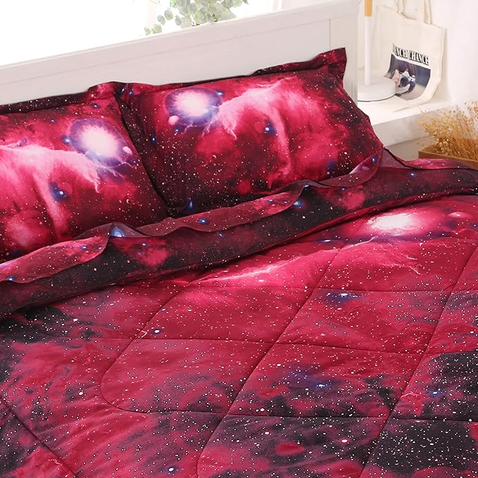 Wowelife Galaxy Bedding Sets for Boys and Girls 5-Piece Full, Premium Galaxy Bed in a Bag Red, 3D Galaxy Comforter Set, Comfortable and Soft Kids Bedding Set - LeafyLoom