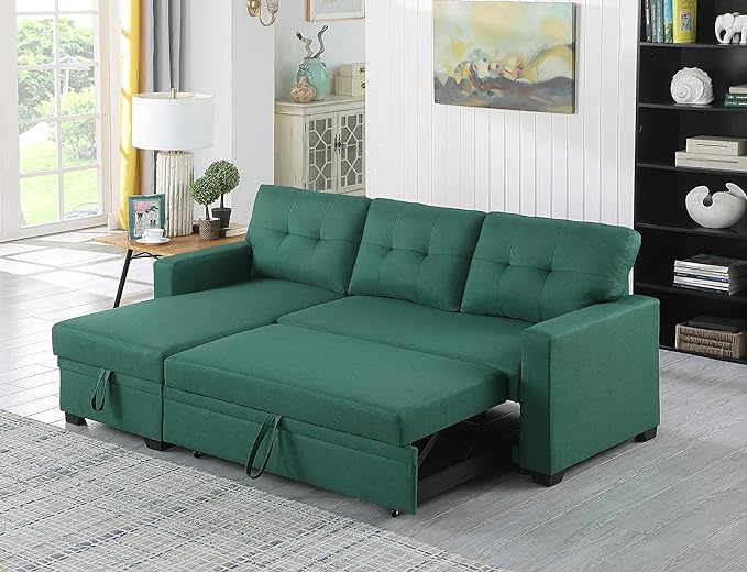 RITSU L-shaped Corner Storage Sofa Pull Out Convertible Bed, 3-Person Sleeper Couch, Linen Fabric Tufted Cushion, Space Saving for Living Room, Apartement, Office, Green, 82 inch - LeafyLoom