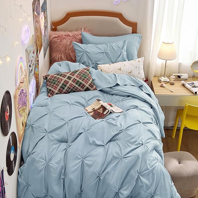 Bedsure Twin Comforter Set with Sheets - 5 Pieces Twin Bedding Sets, Pinch Pleat Blue Twin Bed in a Bag with Comforter, Sheets, Pillowcase & Sham - LeafyLoom