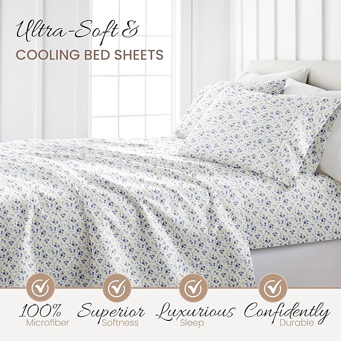 4 Piece Cal King Bedding Sheet Set (Light Blue Floral) - Sleep Better Than Ever with These Ultra-Soft & Cooling Bed Sheets for Your Cal King Size Bed - Deep Pocket Fits 16" Mattress - LeafyLoom