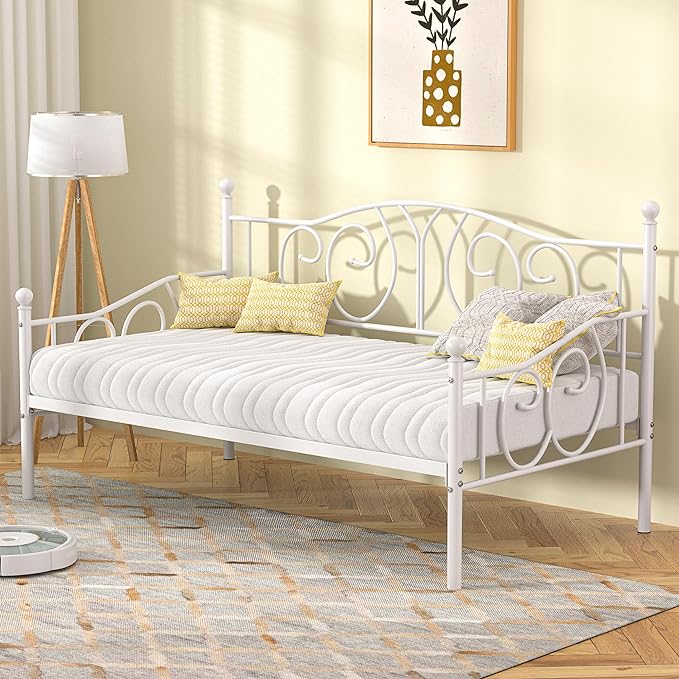 VECELO Twin Daybed Frame, Metal Day Bed with Classic Headboard, Multifunctional Platform Beds for Bedroom, Living Room, Guest Room, No Boxing Spring Needed, White - LeafyLoom