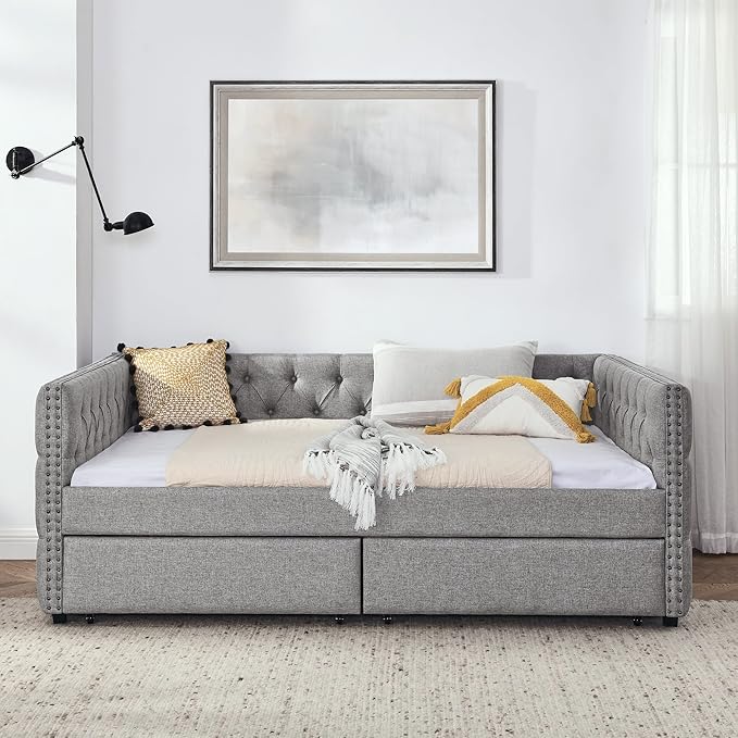 RITSU Full Size Upholstered Daybed, Pull Out with Two Storage Drawers, Solid Wood Frame Sofa Bed, Tufted Buttons and Copper Nails On Square Arms, for Bedrooms, Apartments, 82.75, Grey-2 - LeafyLoom