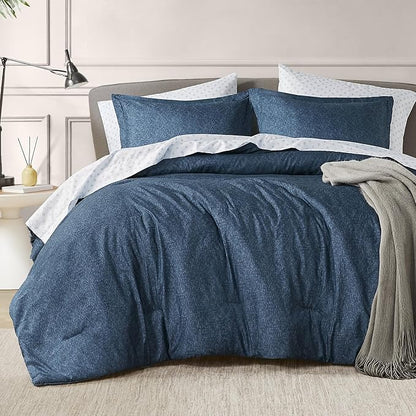 Chambray Queen Comforter Set - Blue Denim Queen Size Bedding Sets, 7 Pieces Soft Bedding for All Seasons with Comforter, Sheets, Pillowcases & Shams - LeafyLoom