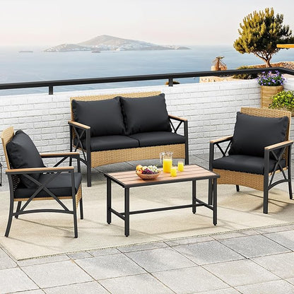 YITAHOME 4-Piece Patio Wicker Furniture Set with Wood Armrest, All Weather Rattan Conversation Furniture Sets for Backyard, Balcony, Deck w/Soft Cushions and Plastic Wood Table (Light Brown+Black) - LeafyLoom