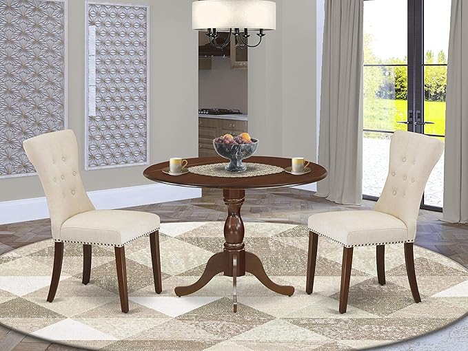 East West Furniture DMGA3-MAH-32 3 Piece Dining Set Contains a Round Dining Room Table with Dropleaf and 2 Light Beige Linen Fabric Upholstered Chairs, 42x42 Inch, Mahogany - LeafyLoom