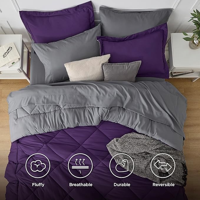 Bedsure Purple California King Comforter Set - 7 Pieces Reversible Bed Set Bed in a Bag California King with Comforters, Sheets, Pillowcases & Shams, California King Bedding Sets - LeafyLoom