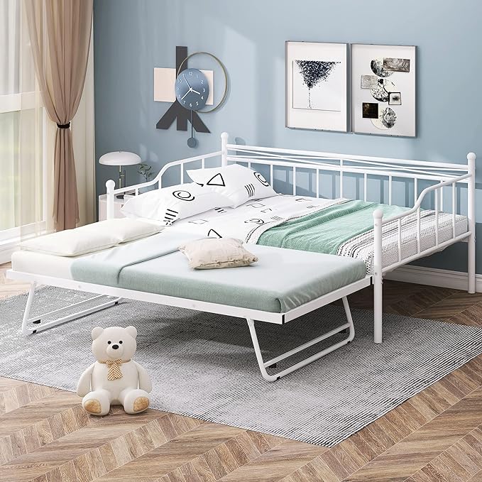 Full Daybed with Trundle Bed Twin, Metal Day Bed Frame with Pop Up Trundle, Metal Sofa Bed with Portable Folding Trundle for Bedroom, Living Room, Guest Room, Home, No Box Spring Needed, White - LeafyLoom