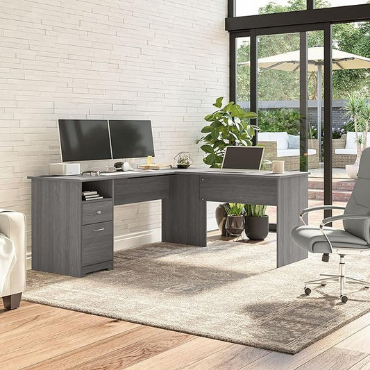 Bush Furniture L Shaped Desk with Drawers for Executive and Home Office | Cabot Collection Corner Table with Storage and Chrome Hardware Return, 72W, Modern Gray - LeafyLoom