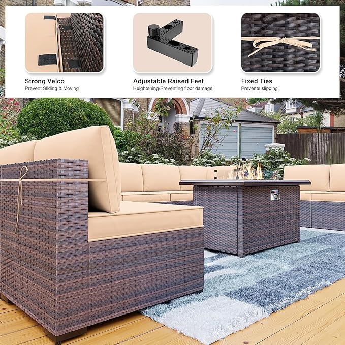 Kullavik 10 Pieces Outdoor Patio Furniture Set with 43" Gas Propane Fire Pit Table PE Wicker Rattan Sectional Sofa Patio Conversation Sets,Sand - LeafyLoom