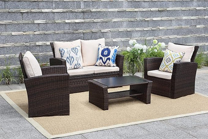 Solaste 4 Piece Patio Outdoor Furniture Sets,Patio Conversation Sofa Wicker Chair with Cushion,Hand Woven Rattan Sofa for Porch Backyard Outside Garden Lawn Yard,Brown - LeafyLoom