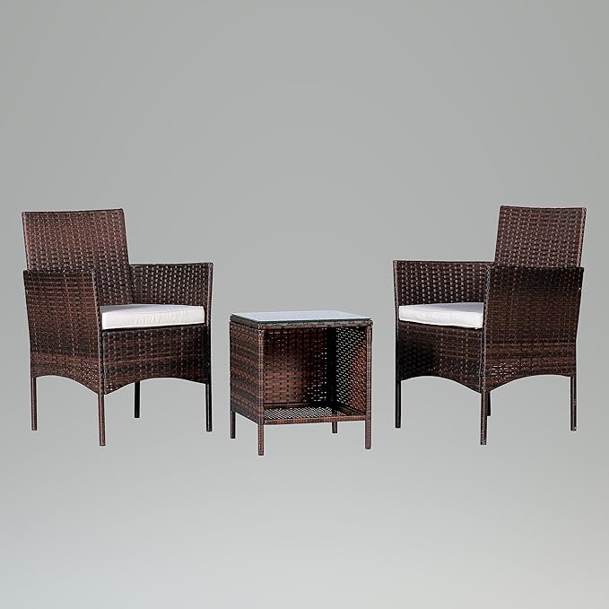 BTEXPERT Outdoor Wicker Conversation 3 Piece Bistro Garden Patio Yard Porch Furniture Space Saving Pe Rattan Two Chairs Cushions Side Storage Glass Table Brown/Beige 3pc Set, OneSize - LeafyLoom