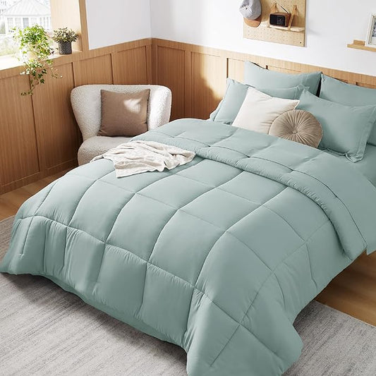 Bedsure Sage Green Twin XL Comforter Set - 5 Pieces Solid Twin XL Bed in a Bag for College, Twin XL Bed Set Sage Green with Comforters, Sheets, Pillowcase & Sham, Extra Long Twin Comforter Set - LeafyLoom