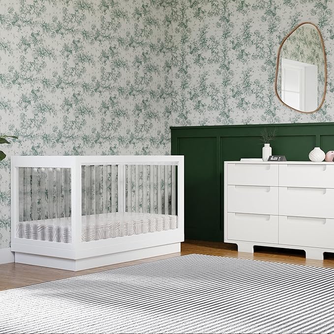 Babyletto Harlow Acrylic 3-in-1 Convertible Crib with Toddler Bed Conversion Kit in White with Acrylic Slats, Greenguard Gold Certified - LeafyLoom