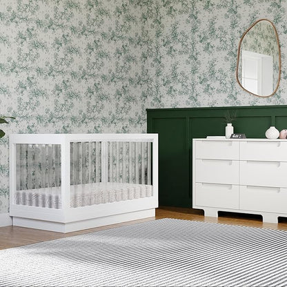 Babyletto Harlow Acrylic 3-in-1 Convertible Crib with Toddler Bed Conversion Kit in White with Acrylic Slats, Greenguard Gold Certified - LeafyLoom