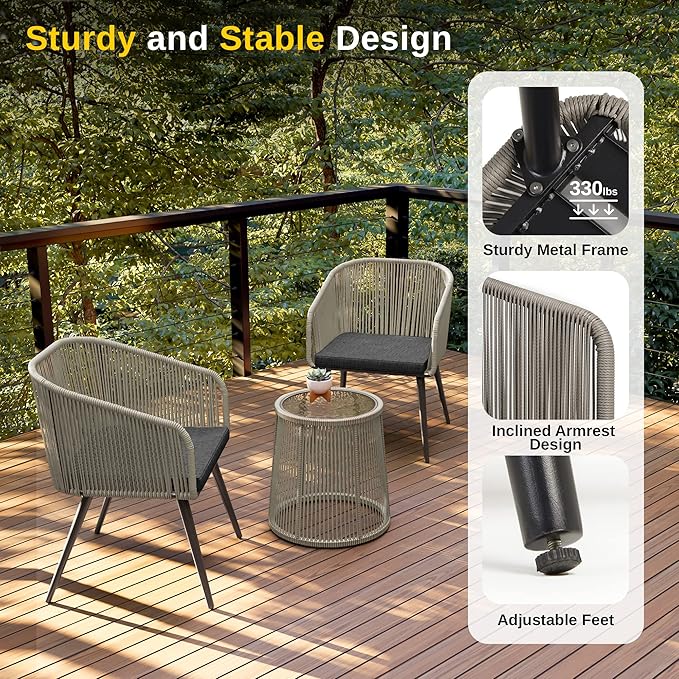 EAST OAK Breezeway Patio Furniture Set, 3-Piece Outside Bistro Set Handwoven Rattan Wicker Chairs with Waterproof Cushions, Tempered Glass Table, Outdoor Conversation Set, Light Grey & Dark Grey - LeafyLoom