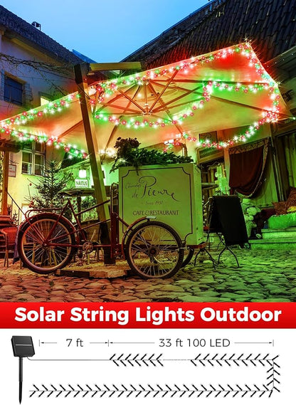 Minetom Solar Christmas Lights Outdoor Waterproof, 40FT 100 LED Solar Lights with 8 Modes, Solar Christmas Outdoor Decoration, Solar String Lights for Outside House Tree Party Yard, Red Green & White Minetom