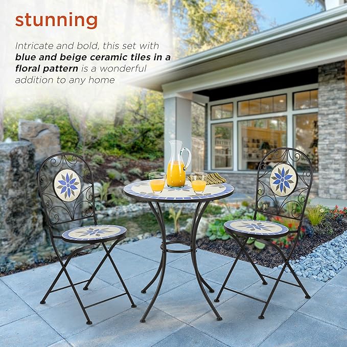 Alpine Corporation Blue and Beige Mosaic Bistro Set, 3-Piece - LeafyLoom