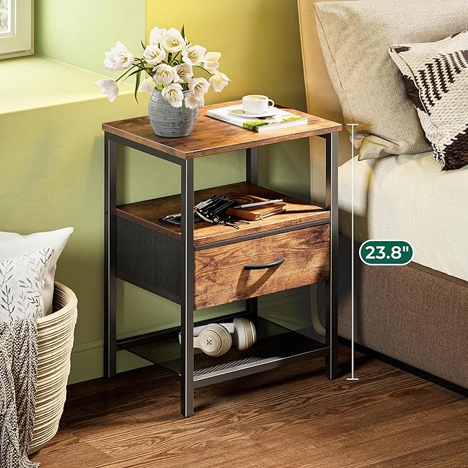 Night Stand with Fabric Drawer, Side Table with Mesh Shelf, Bedroom Nightstand, Fabric Drawer Dresser, Open Shelf, Metal Frame, Couch Side, Rustic Brown - LeafyLoom