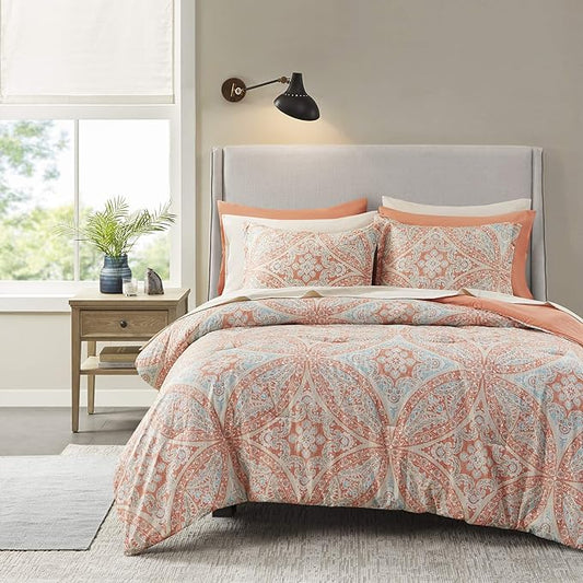 Comfort Spaces Bed in A Bag - Trendy Casual Design Cozy Comforter with Complete Sheet Set with Side Pocket, All Season Cover, Matching Shams, Full(80"x90"), Gloria, Damask Coral 9 Piece - LeafyLoom