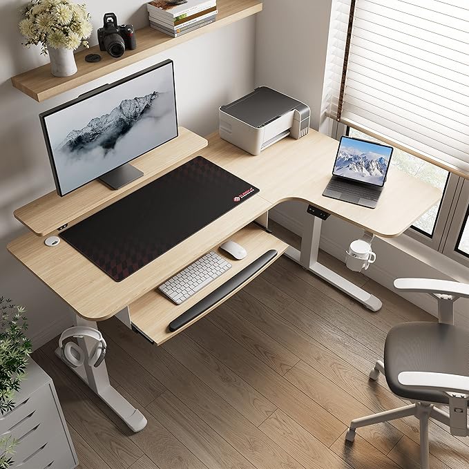 EUREKA ERGONOMIC Standing Desk Adjustable Height 61" Electric Sit Stand Computer Desk L Shaped with Keyboard Tray,Monitor Stand &LED, Dual Motor Memory Presets Sit to Desk Adjustable Desk, Right/Maple - LeafyLoom