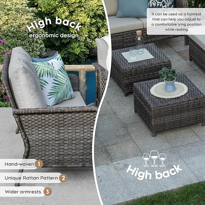 Yechen Patio Conversation Set 7 Seats with 44" Propane Gas Fire Pit Table - 6 Pcs Outdoor Wicker Furniture Set with Lid & Wind Shields - Sectional Sofa Set for Porch,Backyard - LeafyLoom