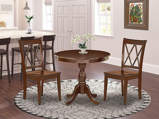 East West Furniture Antique 3 Piece Room Set Contains a Round Wooden Table with Pedestal and 2 Kitchen Dining Chairs, 36x36 Inch, AMCL3-MAH-W - LeafyLoom