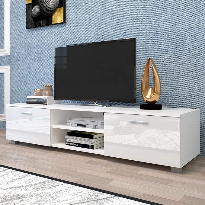 63" TV Stand with Open Shelves, Television Stands for TVs Up to 70", Media Console Entertainment Center Television Table with 2 Storage Cabinet for Living Room, Bedroom, White - LeafyLoom